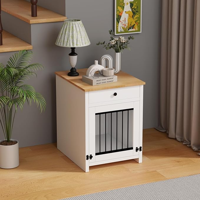 Small Dog Crate Furniture with Drawer, Wooden Pet Kennel End Table for Small Dogs, Furniture Style Indoor Dog House, Decorative White Dog Cage Nightstand, Side Table with Metal Bars & Secure Lock