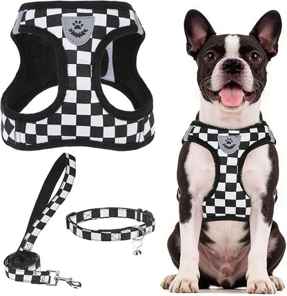 PUPTECK Adjustable Dog Harness Collar and Leash Set Step in No Pull Pet Harness for Small Medium Dogs Puppy and Cats Outdoor Walking Running, Checkered Black&White L