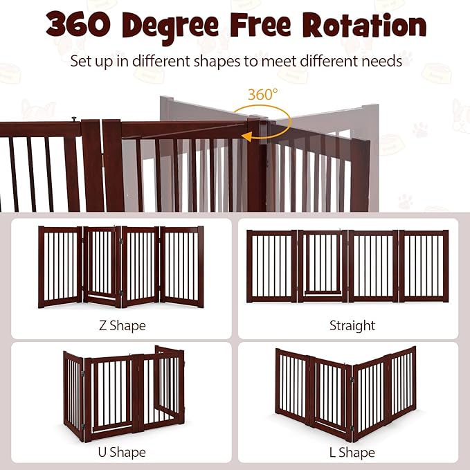 Giantex Dog Gate with Door - 30''H × 80''W Wooden Pet Gate with Walk Through Door, Foldable Freestanding 4 Panels Pet Safety Fence Extra Wide for Doorway Stairs House Deck Yard, Dark Cherry Brown