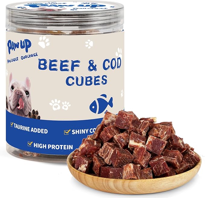 PAWUP Dog Treats Training Rewards, Beef Cod Cubes, 1% Taurine Added, 12.5 oz, Rawhide Free, Grain Free, Low Fat Dog Training Rewards and Snacks, No Additives