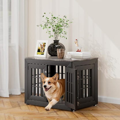 Snuowu 32" Heavy Duty Dog Crate Furniture for Small,Medium and Large Dogs,Rustic Wooden Dog Cage Kennel Indoor Furniture with Waterproof Top,Decorative Pet House Side End Table (Black & Grey)