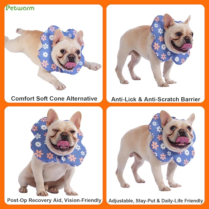PetWarm Dog Recovery Collar, Recovery Collar for Dogs, Lightweight Soft Flower Design, Comfortable Neck Protector Helps Discourage Licking, Post-Visit Protective Collars, Flower Print, Blue, S