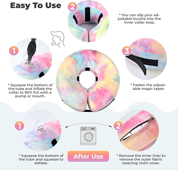 Dog Cone, Uadonile Inflatable Cone Collar for Dogs and Cats, Dog Neck Collar Recovery E-Collar Alternative After Surgery, Elizabethan Collar for Dogs Recovery(Tie-dye Pink Blue, S)
