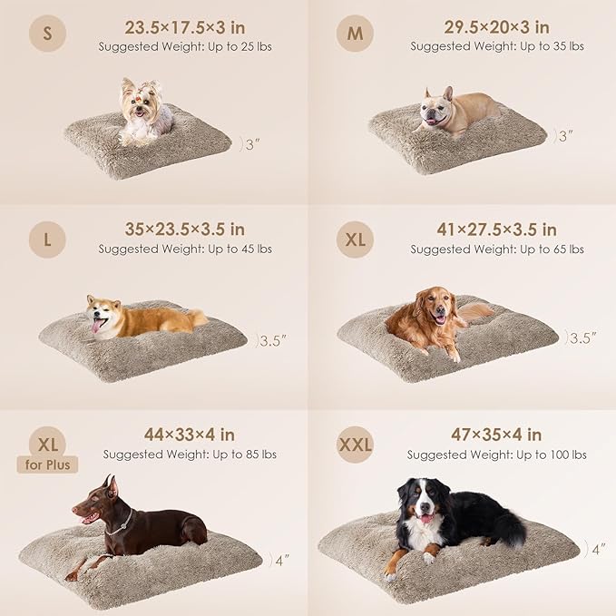 EHEYCIGA Fluffy Dog Crate Bed for Extra Large Dogs, Plush Faux Fur XLP Pad, Calming Anti Anxiety XL Plus Bed for Crate, Washable Soft Warm Dog Mat with Non-Slip Bottom, Taupe