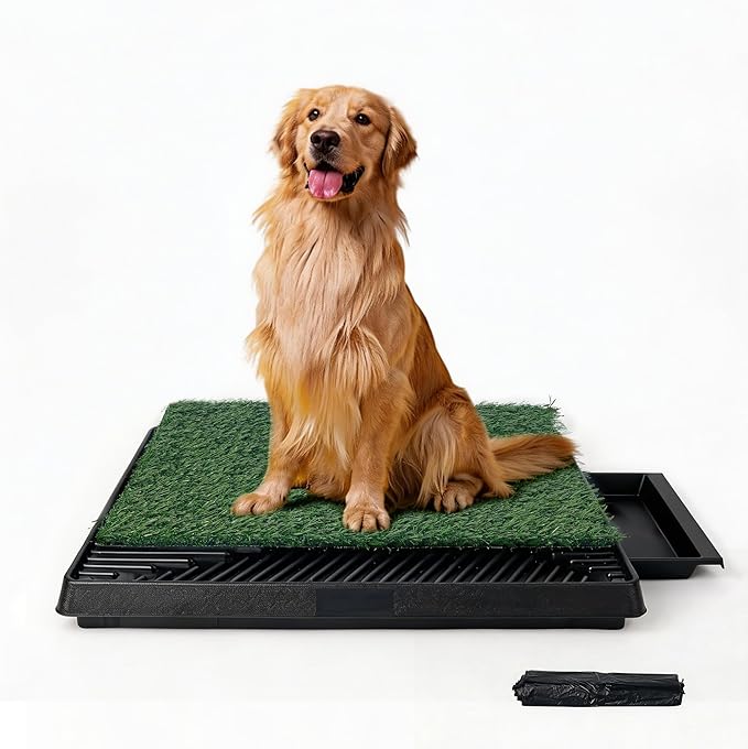 Pawise Dog Grass Pad with Tray, 20x25 Inch Artificial Turf Puppy Potty Pad, Indoor Outdoor Dog Toilet with Pull-Out Drawer & Free Garbage Bags, Dogg Litter Box for Potty Training