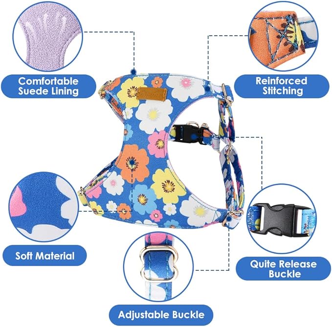 Lukovee Puppy Harness and Leash Set, No Pull Lightweight Soft Suede Adjustable Pet Harness Vest with Snap Buckle for Puppy Small and Medium Size Dog (Blue Flower, S)