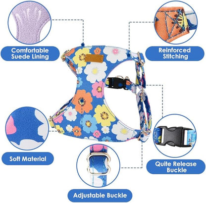 Lukovee Puppy Harness and Leash Set, No Pull Lightweight Soft Suede Adjustable Pet Harness Vest with Snap Buckle for Puppy Small and Medium Size Dog (Blue Flower, XXS)
