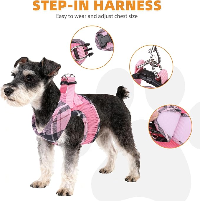 KOOLTAIL Small Dog Harness and Leash Set, Cute Pink Girl Puppy Harness, Step in No Pull Soft Mesh Pet Vest Harness Collar for Small Size Dogs Cats, Plaid Dog Halters for Outdoor Walking, Pink XS