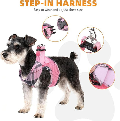 KOOLTAIL Small Dog Harness and Leash Set, Cute Pink Girl Puppy Harness, Step in No Pull Soft Mesh Pet Vest Harness Collar for Small Size Dogs Cats, Plaid Dog Halters for Outdoor Walking, Pink S