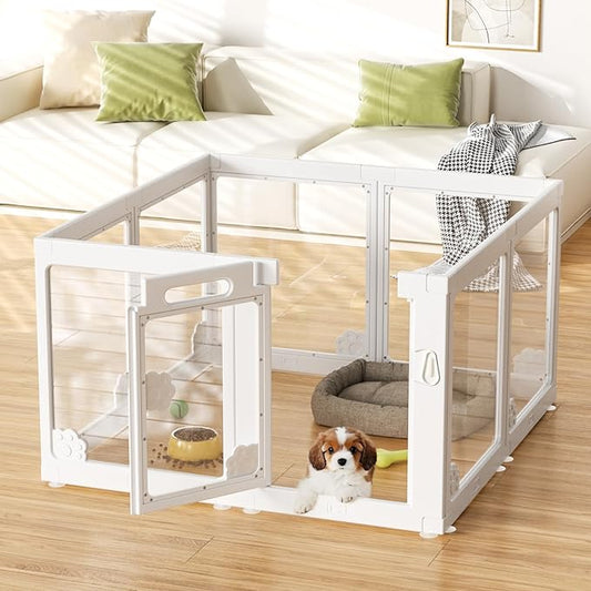 24” Acrylic Clear Dog Play Pen Indoors 8 Panels, Puppy Playpen with Door for Small Dogs Puppies, Transparent Plastic Pet Playpen Cage Fence Crate Kennel for Cat Kitten Rabbit Bunny Ferret etc