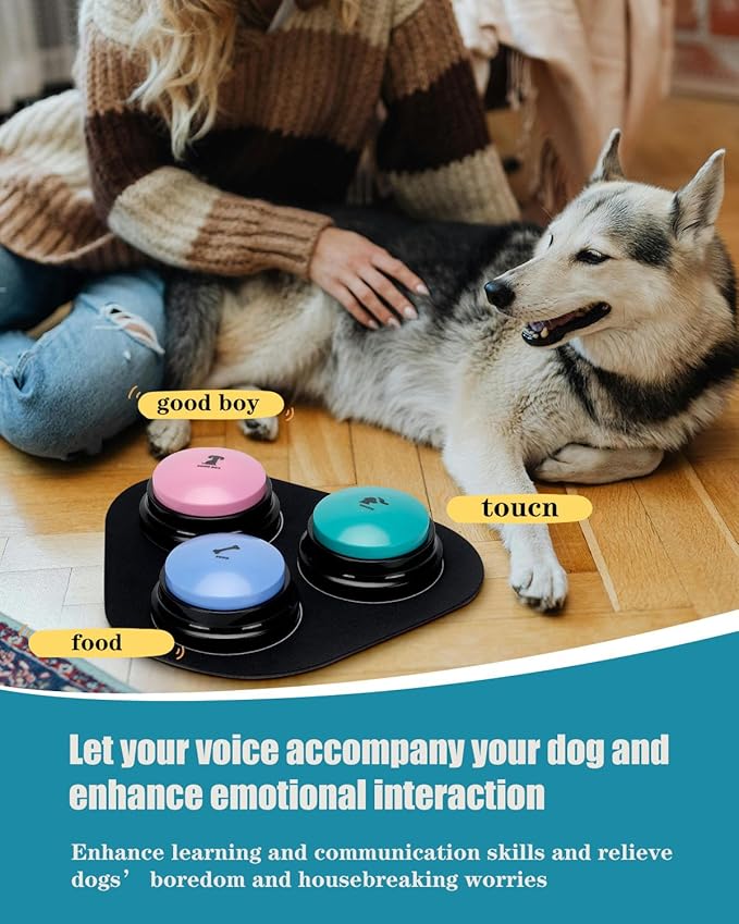 Dog Buttons for Communication, 9 Pcs Dog Talking Button Set, 30s Voice Recording Speaking Button Pet Speech Training Buzzers with 30 Scene Stickers and Waterproof Anti-Slip Mat for Animal Training