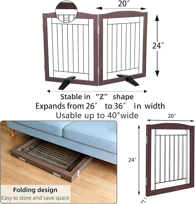 ZJSF Freestanding Dog Fence Indoor, Foldable Dog Gate for Doorways, Stairs or Hallways, Sturdy Wood Extra Wide Pet Gate with Support Feet for The House, Brown, 24 "Height-2 Panels