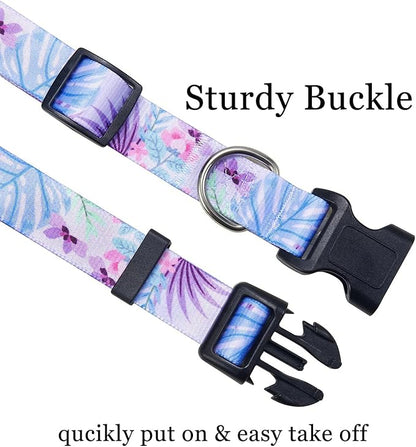 Mihqy Dog Collar and Leash Set with Bohemia Floral Tribal Geometric Patterns - Soft Ethnic Style Collar Adjustable for Small Medium Large Dogs(Purple Flower Flower Set,XS)
