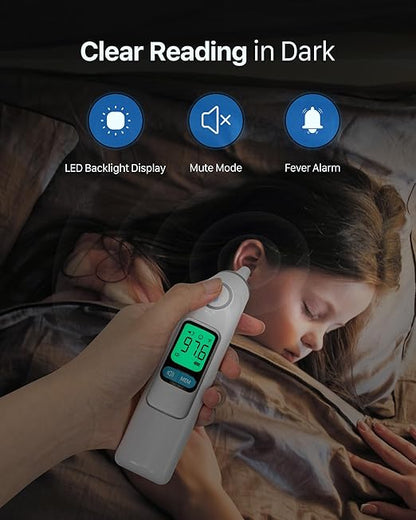 Ear Thermometer, Highly Accurate Ear Thermometer for Kids, Adults and Babies, 30 Memory Recall, 1s Result and 3-Color Fever Alert, with 24 Disposable Probe Covers, White