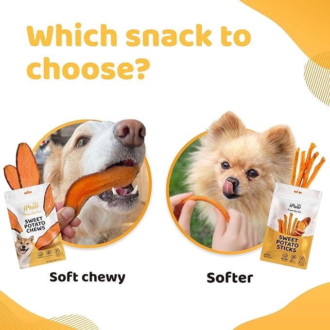 iPaw Sweet Potato Sticks, Single Ingredient Dog Treats for Vegetarian, All Natural Human Grade Puppy Chew, Rawhide Alternative, Hypoallergenic, Easy to Digest