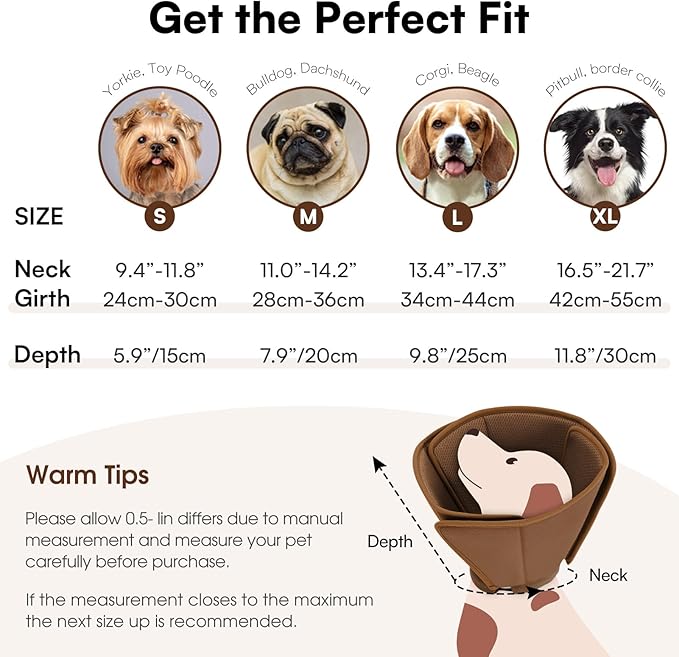 Queenmore Dog Cone,Soft Cone for Large Dogs After Surgery,Comfy Large Dogs Cones to Stop Licking, Adjustable Soft Dog Cones Collar, Elizabethan Pet E-Collar for Wound Healing,Coffee,L