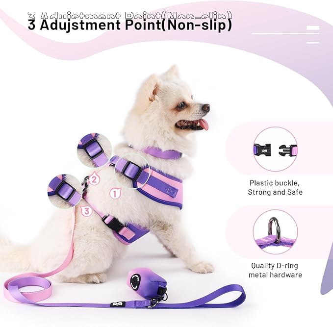 Dog Harness Collar Leash Combo,No Pull Adjustable Vest Cute for Small Puppy Medium Girl/Boy Pets with Poop Bag Holder(XSmall,Purple)