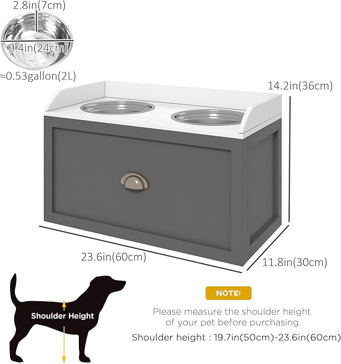 PawHut Feeding Station with Storage Drawer, Food Storage Cabinet with 2 Removable Elevated Bowls for Large Sized Dogs, Gray