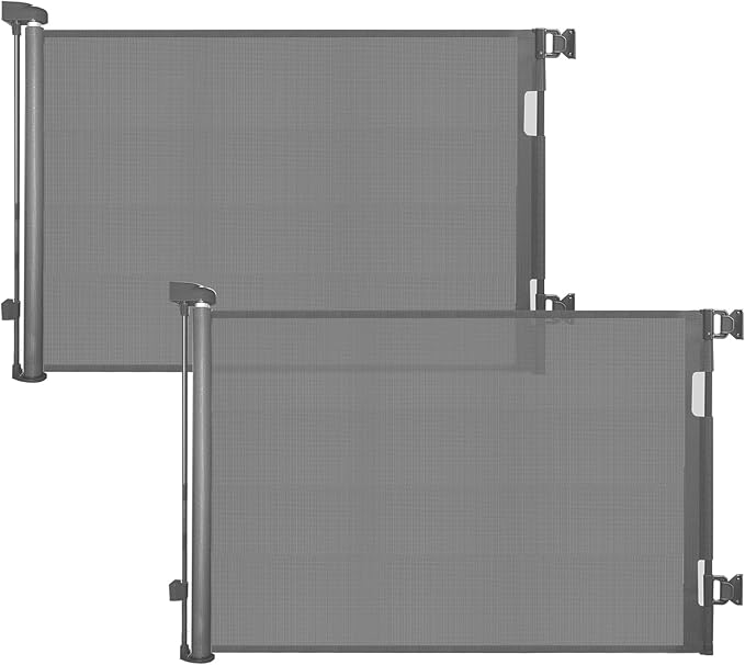 2-Pack Retractable Baby Gate for Stairs-33”Height, Expands up to 55”Width-Safety Gate for Infants, Toddlers, Dogs & Pets-Easy Install, Secure Closure, Gray Mesh Design for Indoor & Outdoor Use