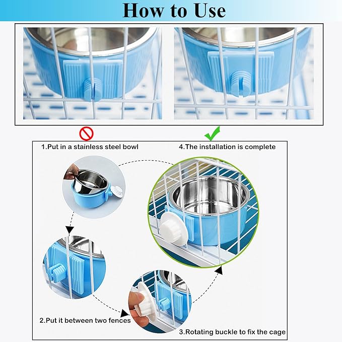 Mechpia 2 Pieces Crate Dog Bowl, Removable Stainless Steel Pet Kennel Hanging Food Water Feeder Bowl Cage Coop Cup for Puppy Medium Dog Cat Rabbit Ferret Bird (Blue,Green)