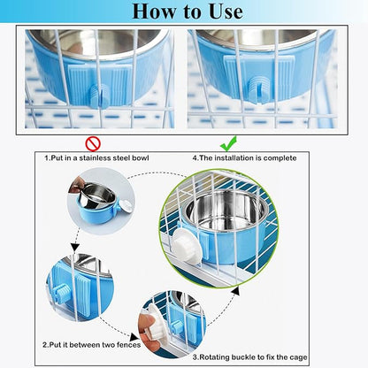 Mechpia 4 Pieces Crate Dog Bowl, Removable Stainless Steel Pet Kennel Hanging Food Water Feeder Bowl Cage Coop Cup for Puppy Medium Dog Cat Rabbit Ferret Bird