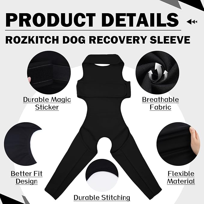 ROZKITCH Dog Surgery Recovery Sleeve for Rear Right Left Leg, Adjustable Pet Prevent Licking Wound Elbow Protector, Dog CCL Surgery Recovery for Sprain ACL Arthritis Joint Care Black 2XL