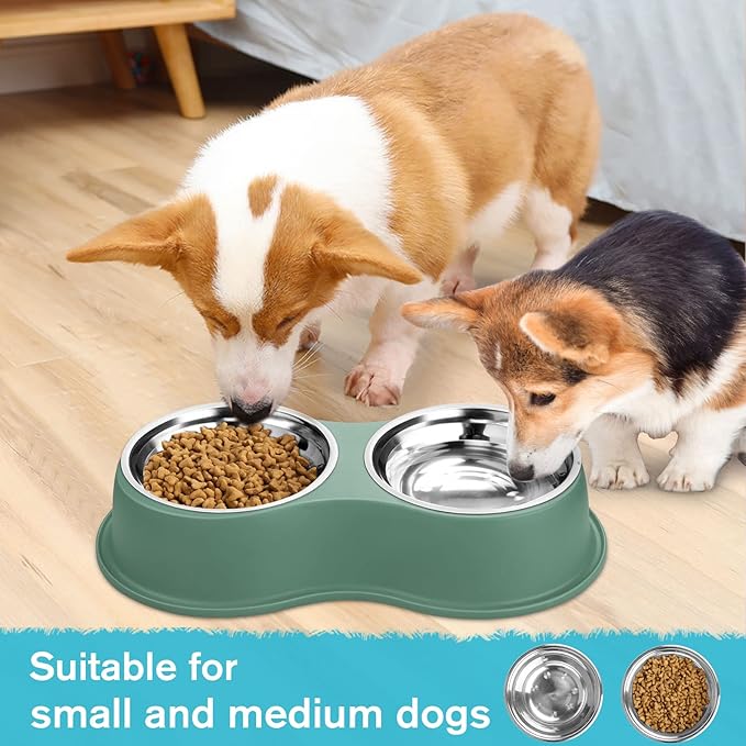Epetslove Dog Bowls Double Dog Water and Food Bowls Stainless Steel Bowls with Non-Slip Resin Station, Pet Feeder Bowls for Puppy Medium Dogs Cats