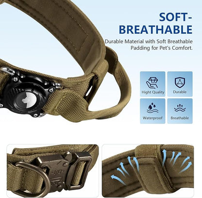 Upgraded AirTag Dog Collar, IP68 Waterproof Air Tag Dog Collar Holder, Ultra-Durable, Comfortable Padded, Heavy Duty Dog Collars for Medium Large Dogs with Smart ID tag(Khaki,XL)
