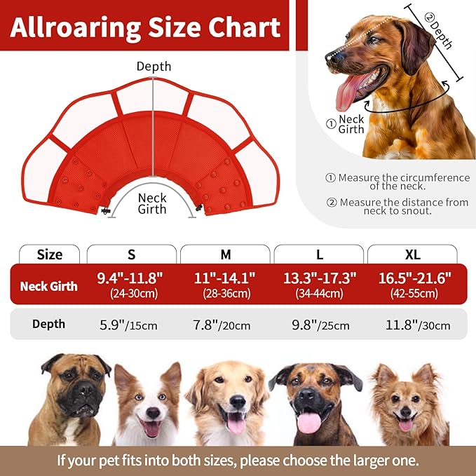 Allroaring Dog Cone, Soft Dog Cones for Small Dogs, Adjustable Doggie Cone Collar to Stop Licking, Professional Pet Recovery Cones E-Collar for Dogs Aftert Surgery Wound Healing, Red S
