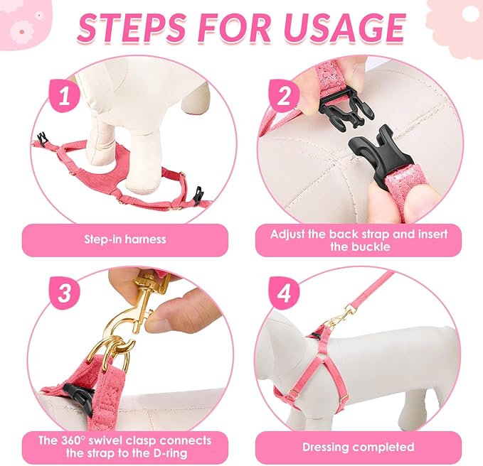 SlowTon Dog Harness Small Sized Dog - Soft XXS Dog Harness and Leash Set No Pull No Chock, Adjustable Lightweight Puppy Harness for XS Small Medium Dogs Cats (Solid Pink, M)