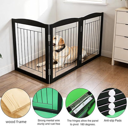 ZJSF Freestanding Foldable Dog Gate for House Extra Wide Wooden Black Indoor Puppy Gate Stairs Doorways Pet Gate Tall Dog Fence 3 Panels Fence