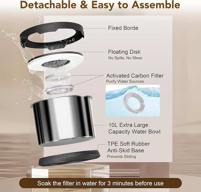 UPSKY Dog Water Bowl No Spill 10L Stainless Steel, 2.6 Gallon Large Capacity Spill-Proof Dog Bowls, Non-Slip Slow Drinking Anti-Splash Bowl for Large Messy Drinkers, No Mess Indoor/Outdoor Use, Black