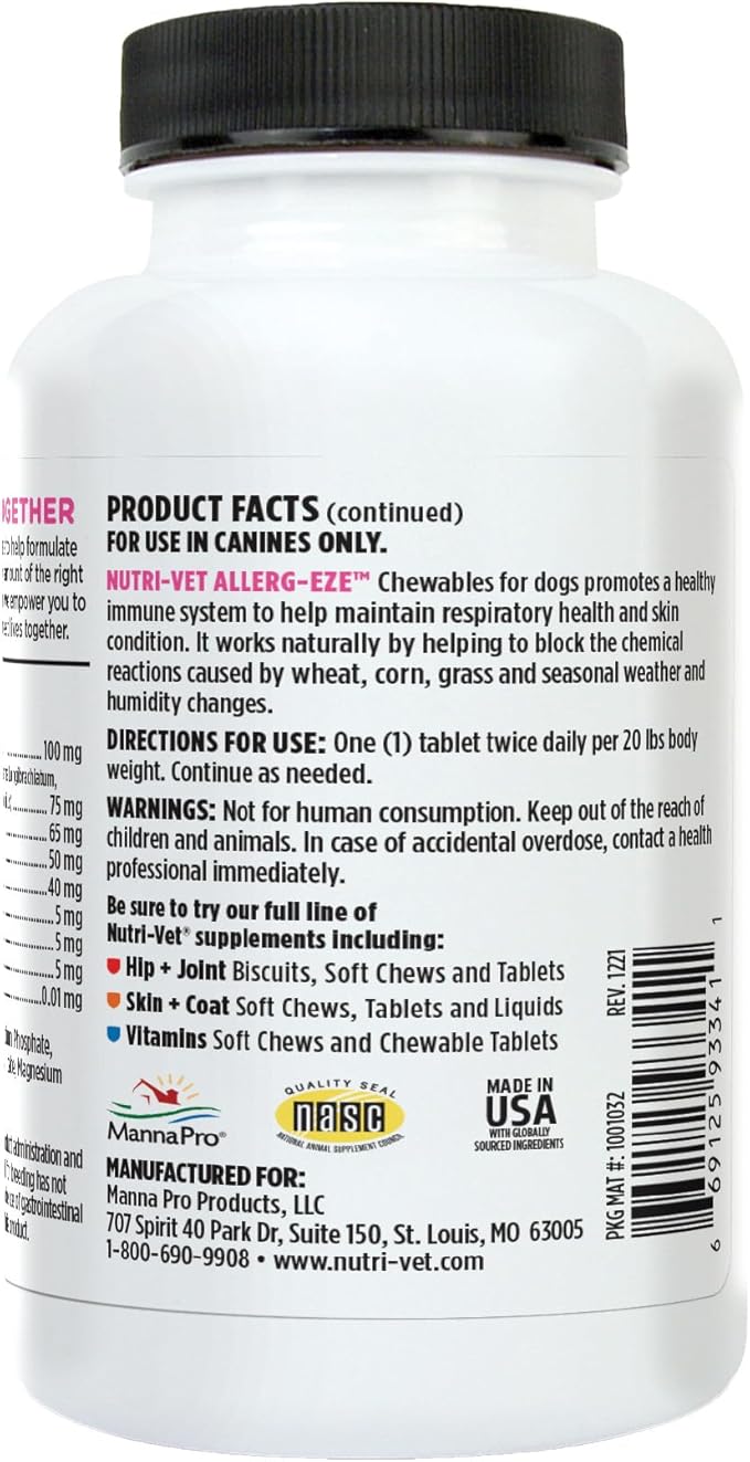 Nutri-Vet Allerg-Eze Chewables for Dogs, Antioxidants & Omega-3 Fatty Acids, Allergy Relief Supplement, Supports Skin, Coat & Respiratory Health, 60 Count
