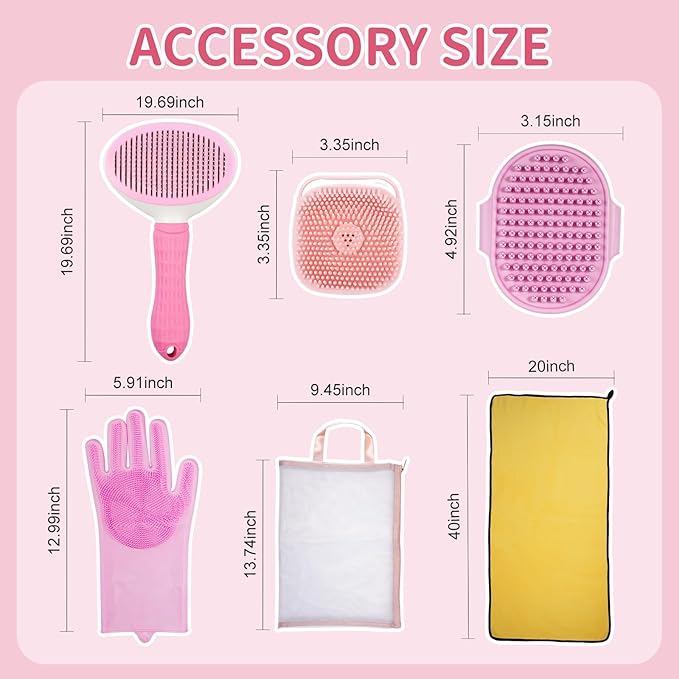 Dog Bath Supplies, Bath Grooming Kit with Storage Bag - Self Cleaning Slicker Brush, Shampoo Brush & Scrubber, Dog Grooming Gloves for Short & Long Haired Dogs & Cats (6 PCS)
