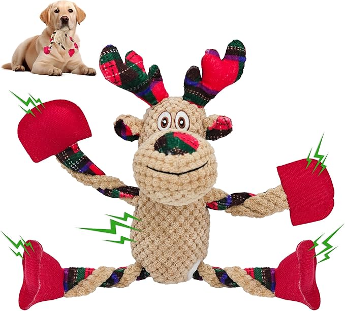 Christmas Squeaky Dog Toys, Stuffed Large Dog Toys to Keep Them Busy, Interactive Plush Chew Toys with Crinkle Paper, Tough Pet Animal Toys for Small Medium Large (Elk)