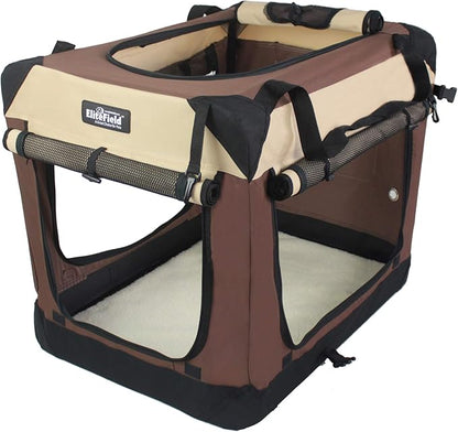 EliteField 4-Door Folding Soft Dog Crate with Curtains, Carrying Bag and Fleece Bed (2 Year Warranty), Indoor & Outdoor Pet Home (30" L x 21" W x 24" H, Brown+Beige)