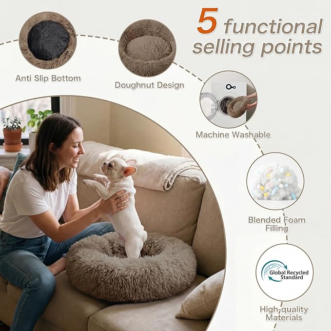 WROS Calming Dog Bed, 20" x 20" x 6" Fits Cat & Dog, Anti-Slip Round Washable Faux Fur for Doze Off, Napping Orthopedic, Khaki