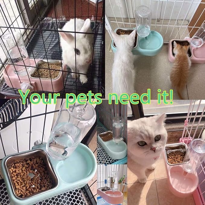 Cage Double Bowls, Crate Hanging, Dog Cat Bowl with Automatic Water Dispenser Bottle, Water and Food Bowl Set with Detachable Stainless Steel Bowl, Bird Pet Dog Cat Food Water Feeder (White)