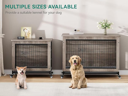 YITAHOME Dog Crate Furniture with Cushion, Dog Kennel Indoor with Wheels, Dogs Crate End Table with Tray, 27" Cage with Double Doors for Small Dogs (Gray)
