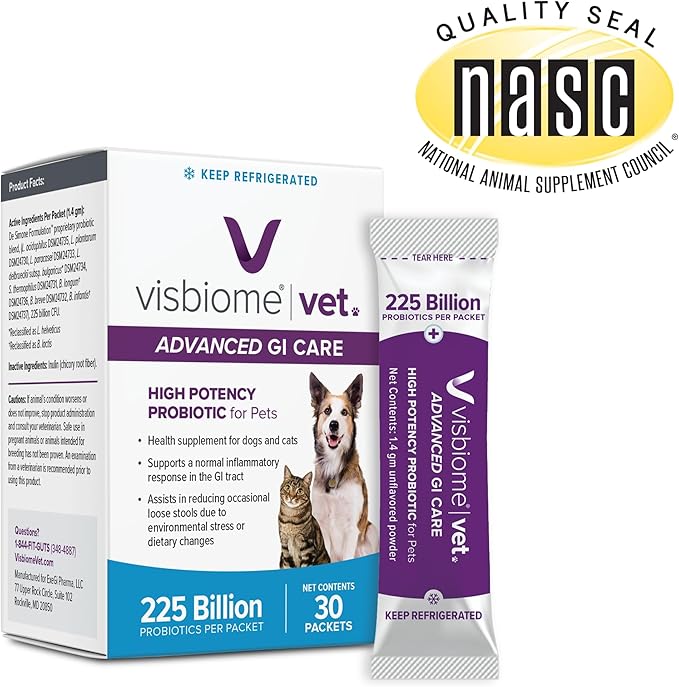Visbiome® Vet Advanced GI Care High Potency Probiotic for Dogs & Cats – 225B CFU, 8-Strain Formula – Refrigerated, Veterinarian Recommended, Clean Label Certified – 60 Packets