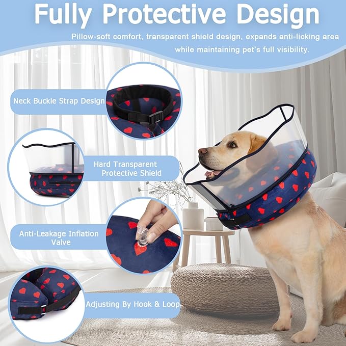 Inflatable Dog Cone Collar with Enhanced Anti-Licking Shield – Soft Adjustable Recovery Collar for Dogs & Cats After Surgery – Fits Large, Medium, Small Pets (Blue Love, Medium)