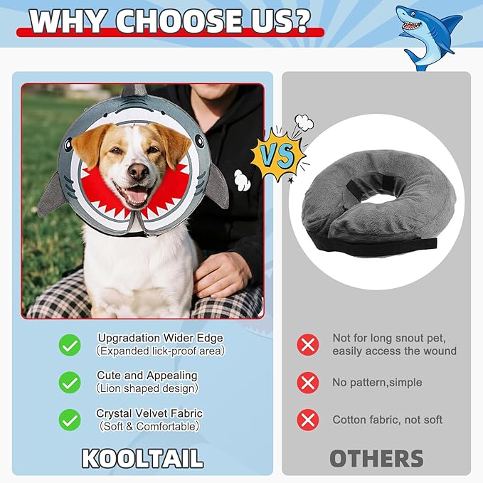 KOOLTAIL Inflatable Dog Cone Collar, Soft Donut E Collar for Dogs After Surgery to Stop Licking Enhanced Alternative, Blow Up Pet Neck Pillow Recovery Adjustable Cone for Dog Cat, Upgrade Size,Shark M