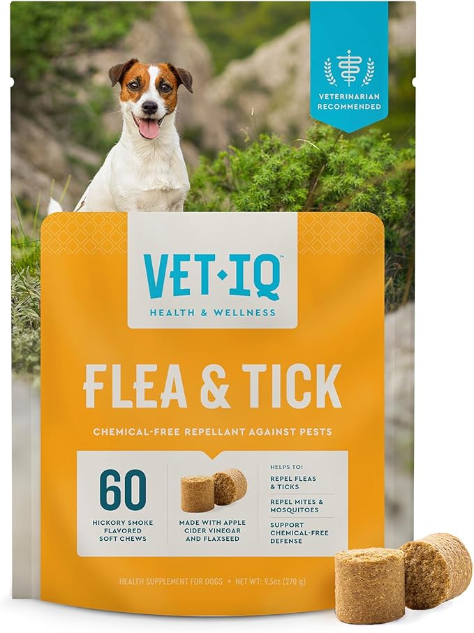 VetIQ Flea & Tick Support for Dogs, Flea and Tick Chewable, Supports Dog's Natural Flea Defenses, Free of Added Chemicals and Garlic, Hickory Smoke Flavor, 60 Count