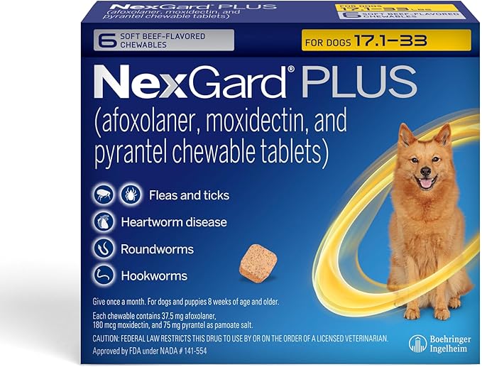 NexGard Plus (afoxolaner, moxidectin, and pyrantel) Flea and Tick Protection & Heartworm Preventive for Dogs Soft Beef Flavored Chewables, 17.1-33 lbs. (Gold) 6 Chews (6 Month Supply)