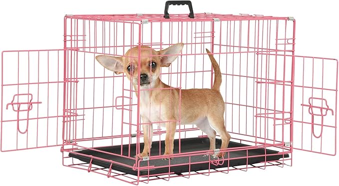 Wire Dog Crate 24 Inch Dog Kennel Cage, Double Door Folding Dog Cage, Wire Dog Kennel with Removable Tray, Indoor&Outdoor,Pink