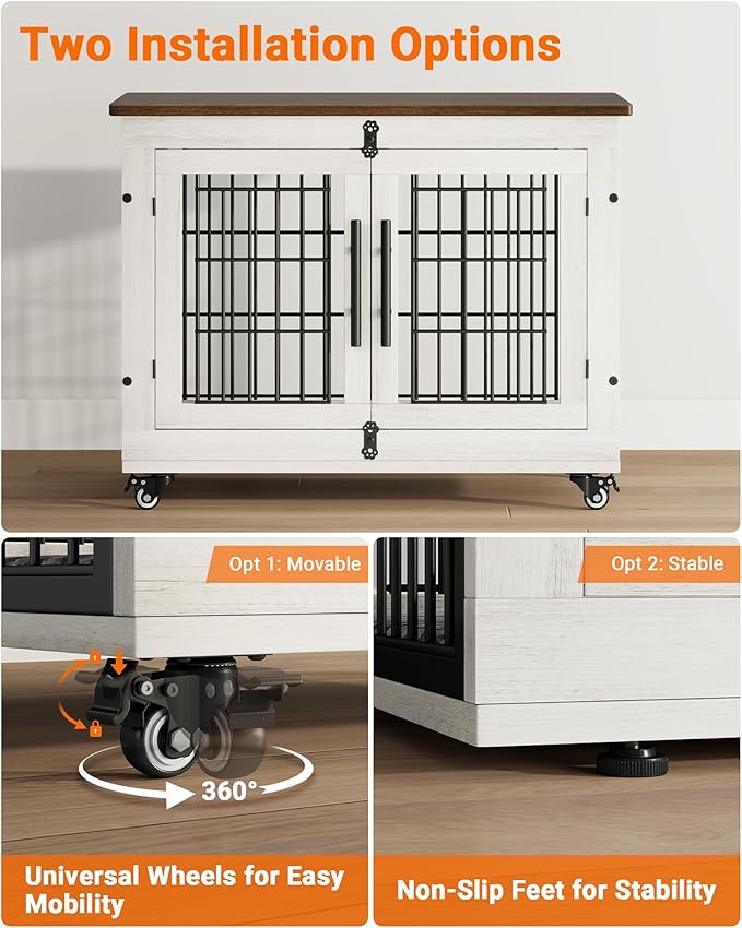 YaFiti Dog Crate Furniture with Cushion, Wooden Dog Kennel Indoor with Double Doors, Dog Cage with Wheels, Dog House Side End Table for Small Medium Dogs up to 45 lb, 32.5" L, White