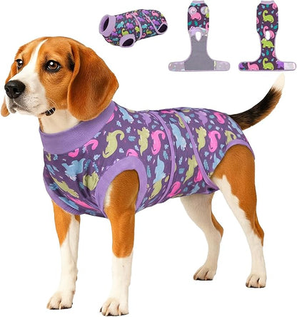 PetWarm Male Dog Surgical Suit After Neuter, Dog Coat's Inner Clothes, Substitute E-Collar and Cone, Dog Onesies Pet Surgery Recovery Suit for Dogs, Dinosaur Pattern, Purple, S