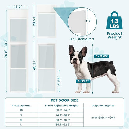MOPHOTO Dog Door for Sliding Glass Door, Adjustable Height 74.8"-80" Glass Pet Door, No-Drill Insert Installation, Rental-Friendly Sliding Pet Door with Security Lock & Weather Stripping, White