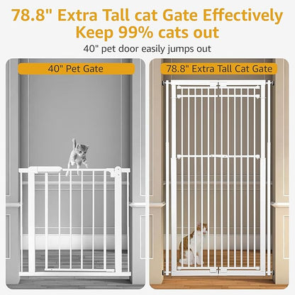 78.8" Extra Tall Cat Gate, 28.3-33" Wide Dog Door, Pressure Mounted Easy Walk Through Safety Metal Pet Gate for Doorway, No Drilling Cat Proof Gate (White)