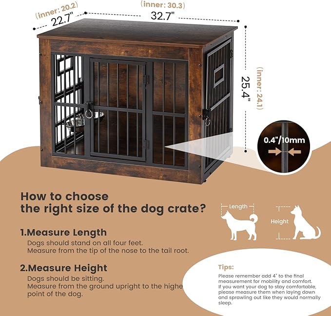 32 Inch Heavy Duty Dog Crate Furniture for Medium/Small Dogs, Decorative Pet House End Table with 3 Doors & Adjustable Bowls, Wooden Cage Kennel Furniture Indoor, Rustic Brown